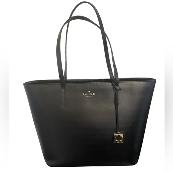 kate spade Handbags - KATE SPADE Black Leather Medium Tote w Spade Bag Charm